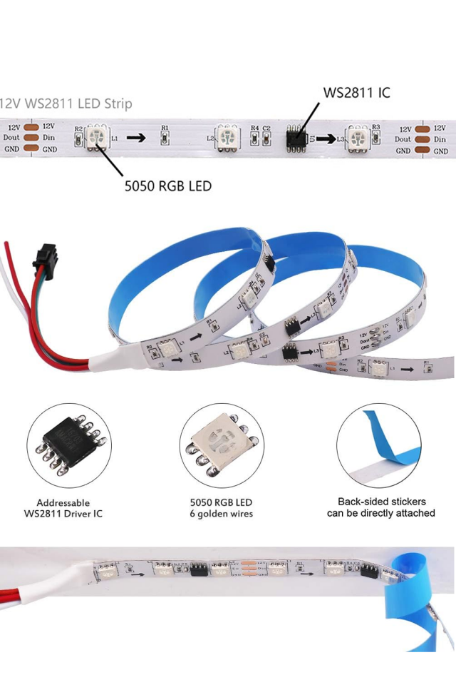 12V WS2811 IP20 60Led/Mt. RGB Pixel Şerit Led 5 Metre