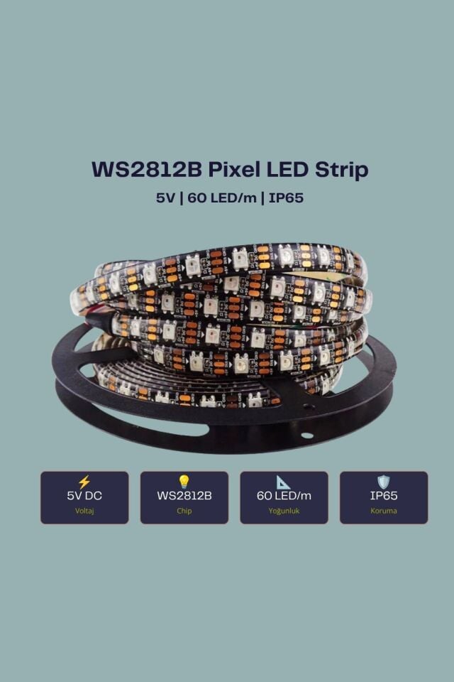 12V WS2811 IP20 60Led/Mt. RGB Pixel Şerit Led 5 Metre