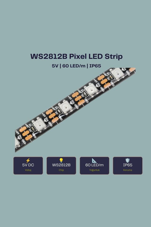 12V WS2811 IP20 60Led/Mt. RGB Pixel Şerit Led 5 Metre