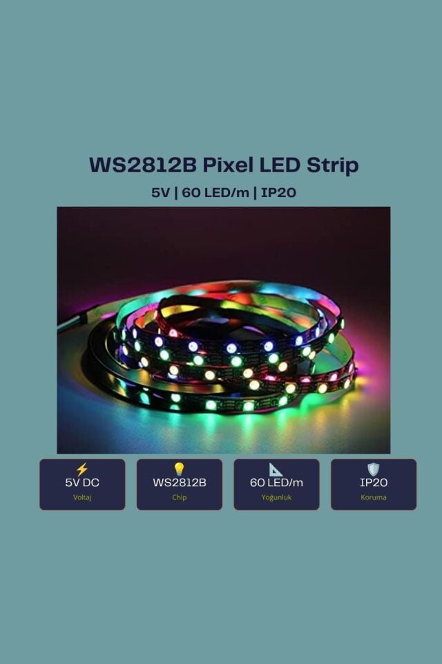 5V WS2812B 60 LED/m RGB Pixel Şerit LED (5 Metre)