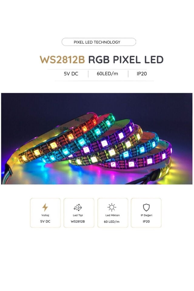 5 Volt WS2812B IP20 60 LED/m RGB Pixel Şerit LED 5 Metre