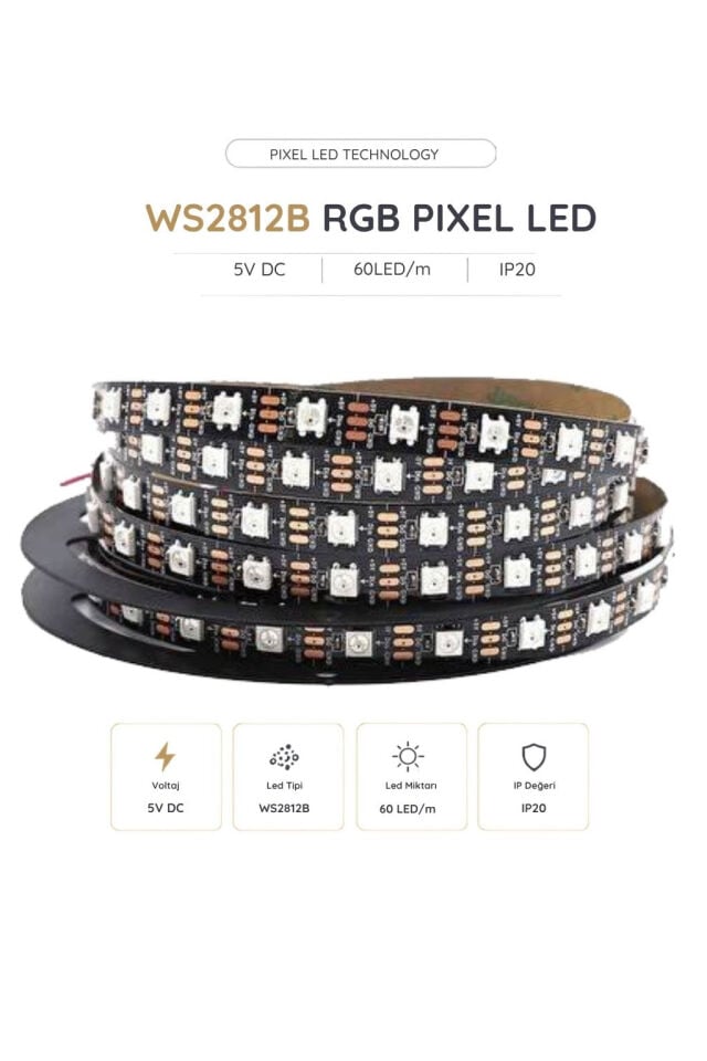 5V WS2812B IP20 60 LED/m RGB Pixel Şerit LED 5 Metre