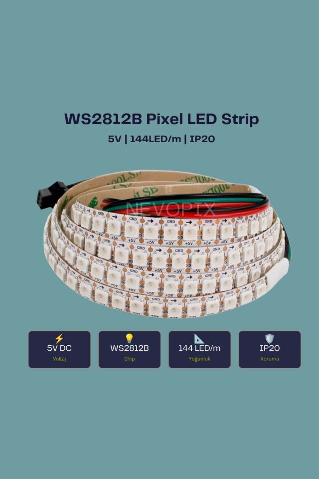 5V WS2812B 144 LED/m IP30 RGB Pixel Şerit LED (5 Metre)