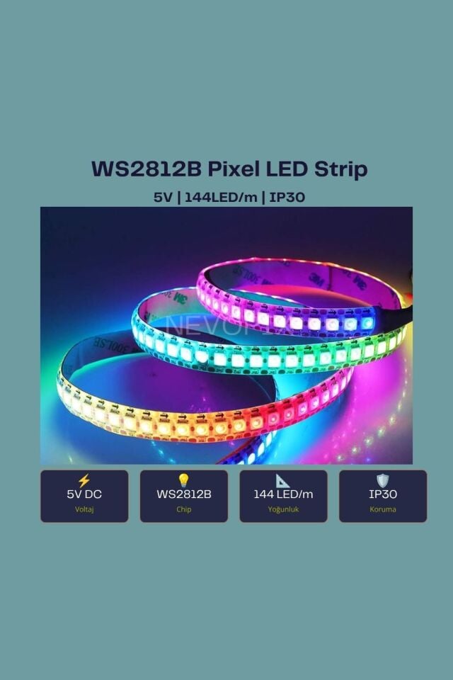 5V WS2812B 144 LED/m IP30 RGB Pixel Şerit LED (5 Metre)