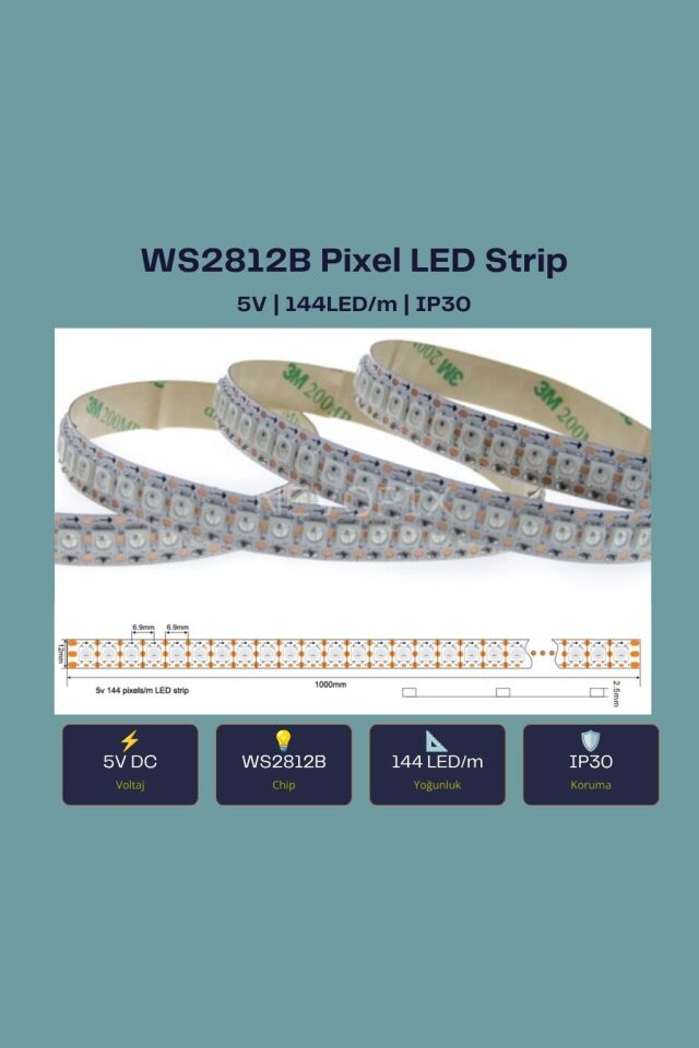 5V WS2812B 144 LED/m IP30 RGB Pixel Şerit LED (5 Metre)