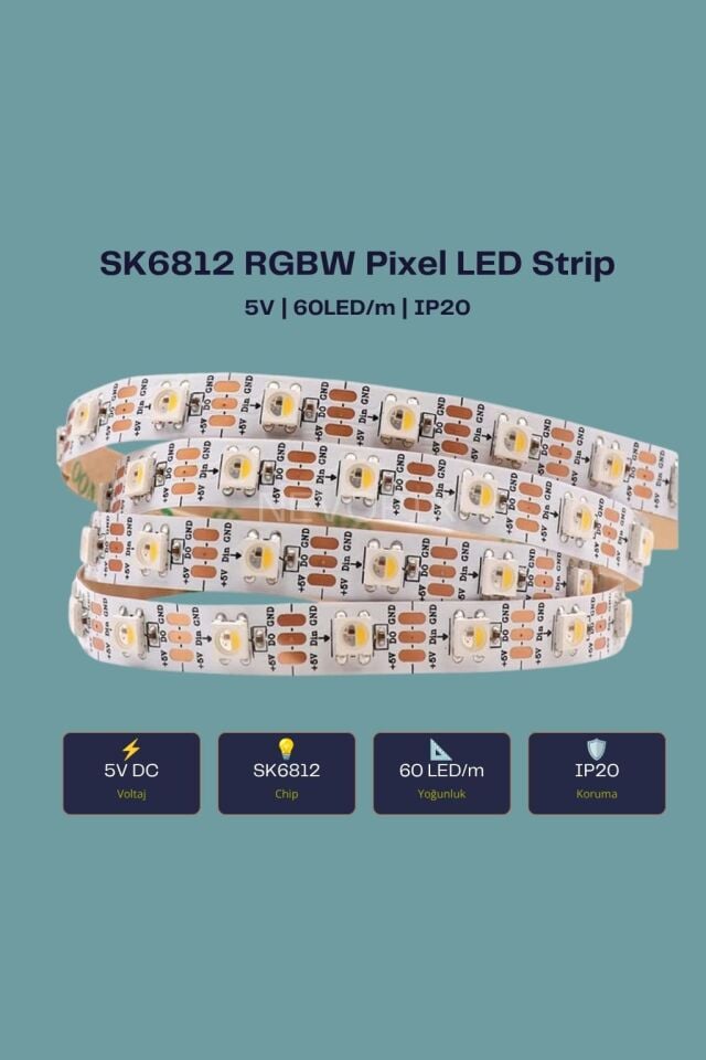 5V SK6812 60 LED/m IP20 RGBW Pixel Şerit LED (5 Metre)