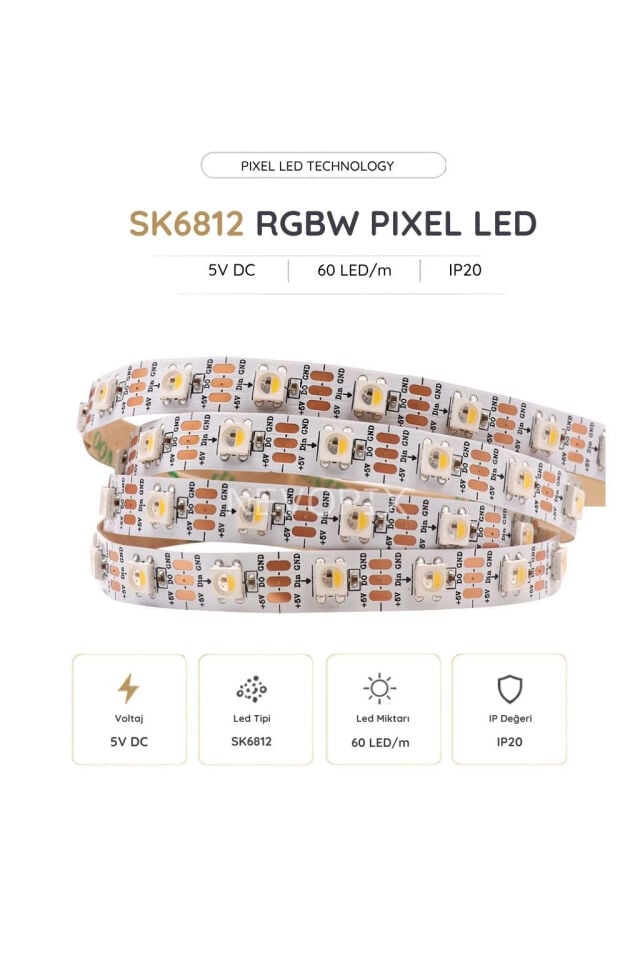 5V SK6812 60 LED/m IP20 RGBW Pixel Şerit LED  5 Metre