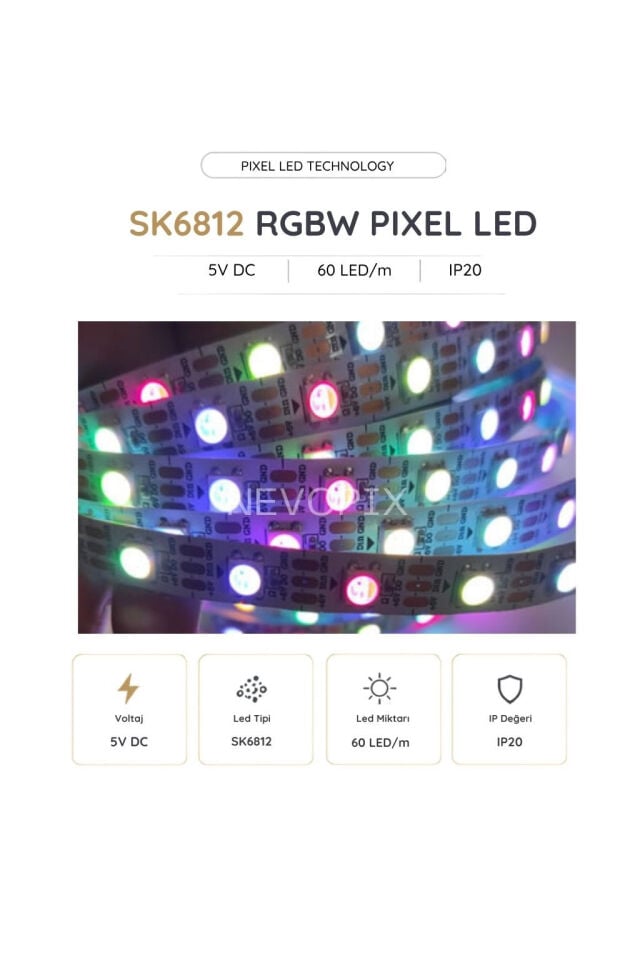 5 Volt SK6812 60 LED/m IP20 RGBW Pixel Şerit LED  5 Metre
