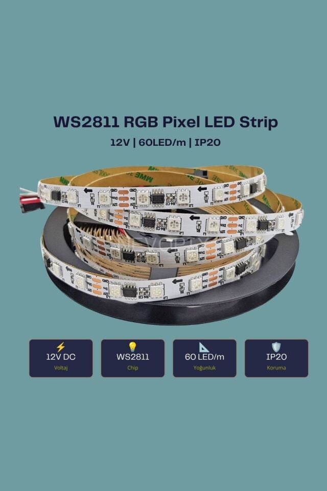 12V WS2811 60 LED/m IP20 RGB Pixel Şerit LED (5 Metre)