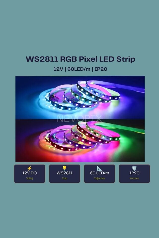 12V WS2811 60 LED/m IP20 RGB Pixel Şerit LED (5 Metre)