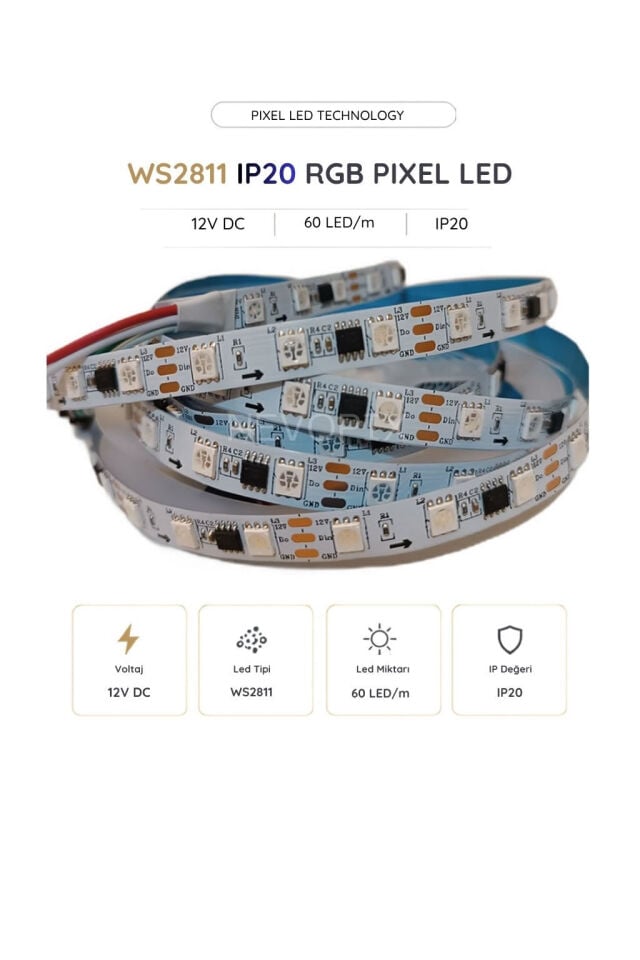 12 Volt WS2811 60 LED/m IP20 RGB Pixel Şerit LED 5 Metre