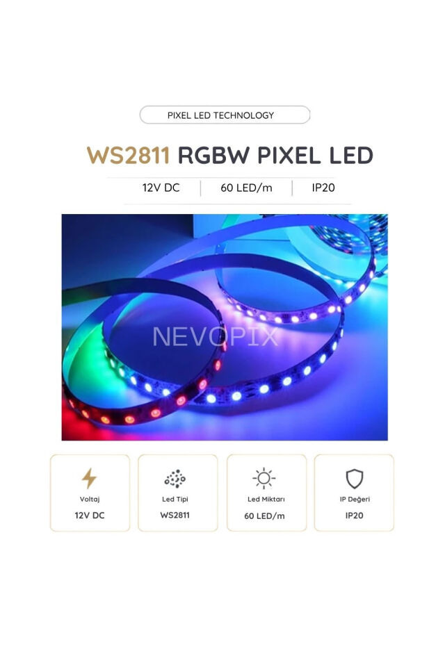 12 Volt WS2811 60 LED/m IP20 RGB Pixel Şerit LED 5 Metre