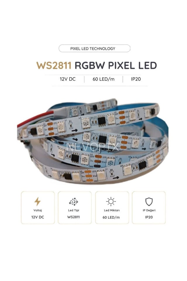 12V WS2811 60 LED/m IP20 RGB Pixel Şerit LED 5 Metre