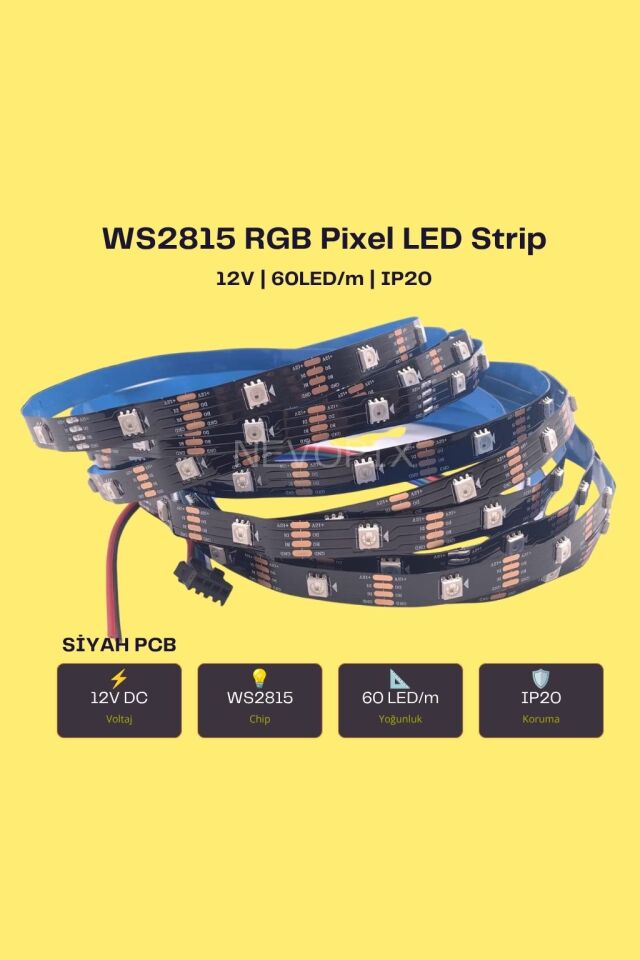 12V WS2815 60 LED/m IP20 RGB Adreslenebilir Pixel Şerit LED (5 Metre)