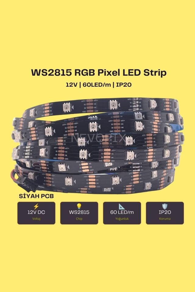 12V WS2815 60 LED/m IP20 RGB Adreslenebilir Pixel Şerit LED (5 Metre)