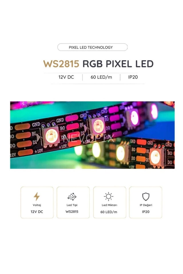 12 Volt WS2815 60 LED/m IP20 RGB Adreslenebilir Pixel Şerit LED 5 Metre