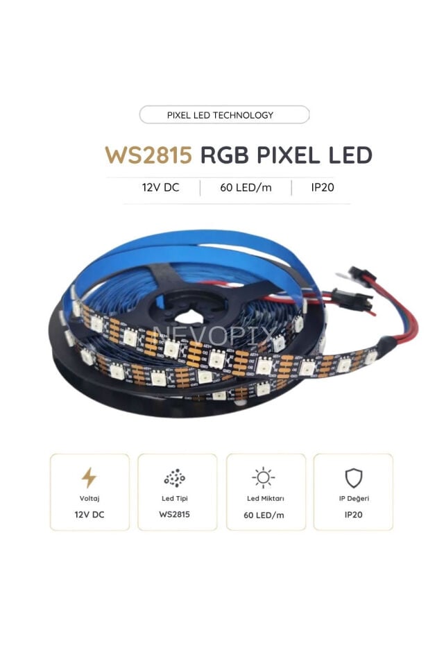 12V WS2815 60 LED/m IP20 RGB Adreslenebilir Pixel Şerit LED 5 Metre