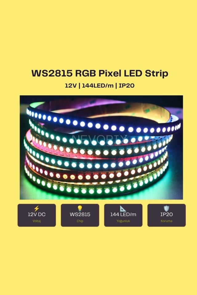 12V WS2815 144 LED/m IP20 RGB Pixel Şerit LED (5 Metre)