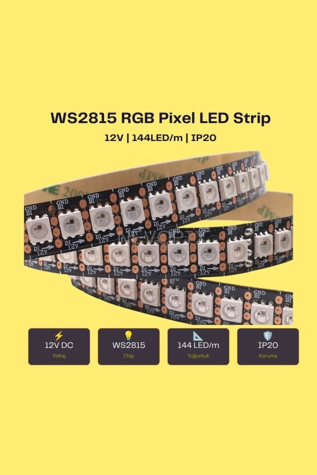 12V WS2815 144 LED/m IP20 RGB Pixel Şerit LED (5 Metre)