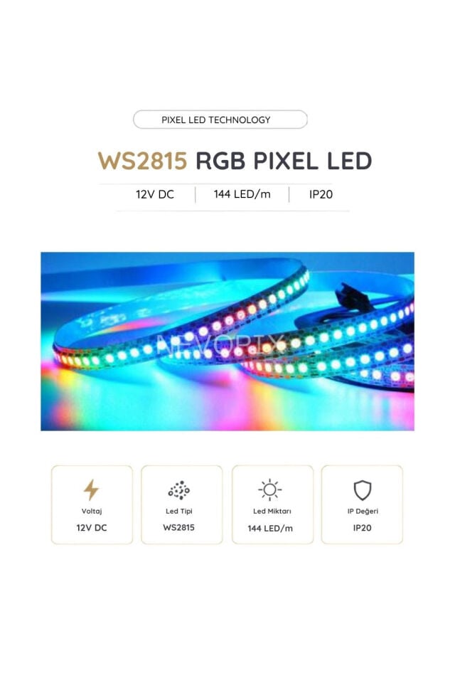12 Volt WS2815B RGB Pixel Şerit LED 144 LED/Mt. 5 Metre