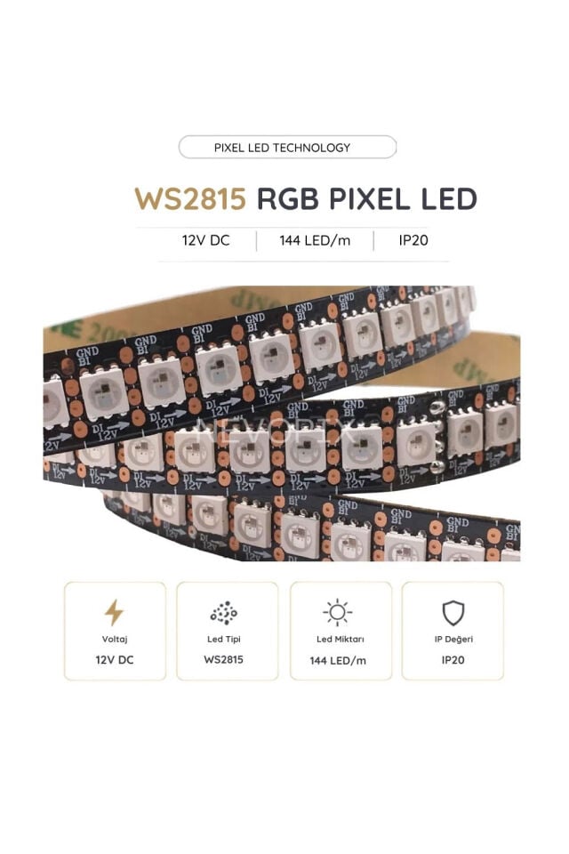 12 Volt WS2815B RGB Pixel Şerit LED 144 LED/Mt. 5 Metre