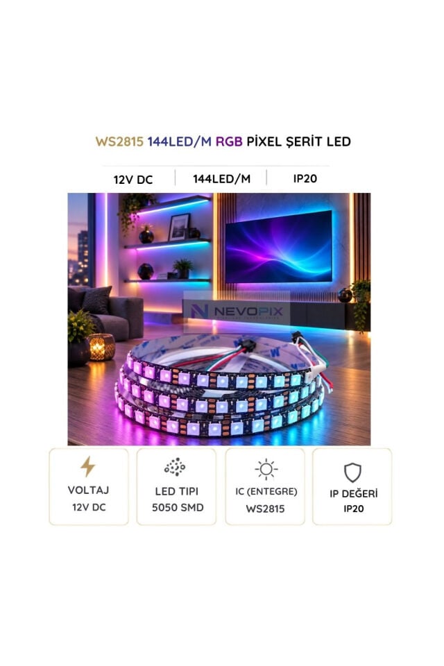12V WS2815B RGB Pixel Şerit LED 144 LED/m IP20 – 5 Metre