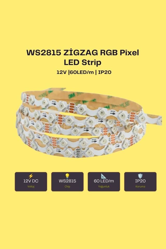 12V WS2815 60 LED/m IP20 RGB Zigzag S-Type Pixel Şerit LED (5 Metre)