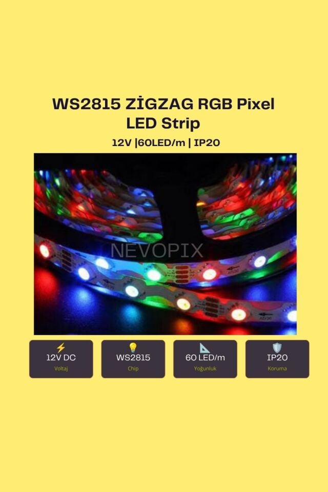 12V WS2815 60 LED/m IP20 RGB Zigzag S-Type Pixel Şerit LED (5 Metre)