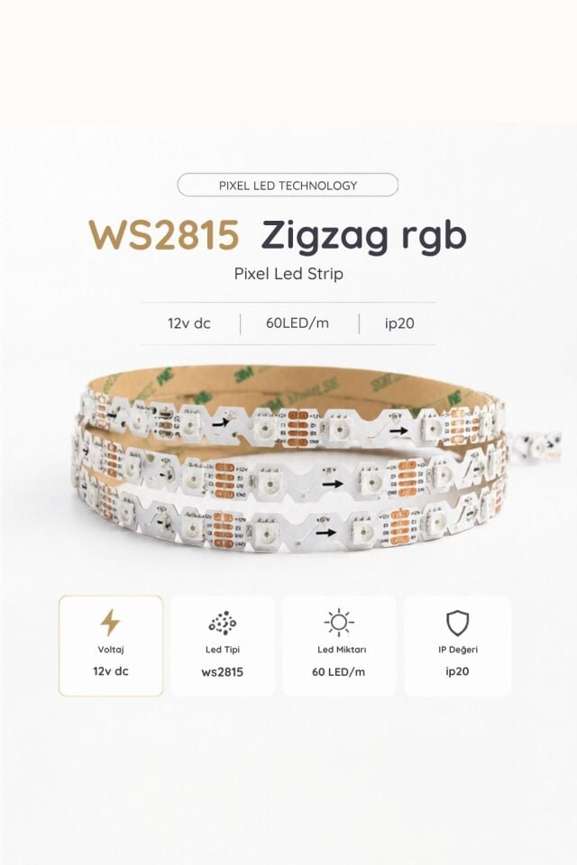 12V WS2815 60 LED/m IP20 RGB Zigzag S-Type Pixel Şerit LED (5 Metre)