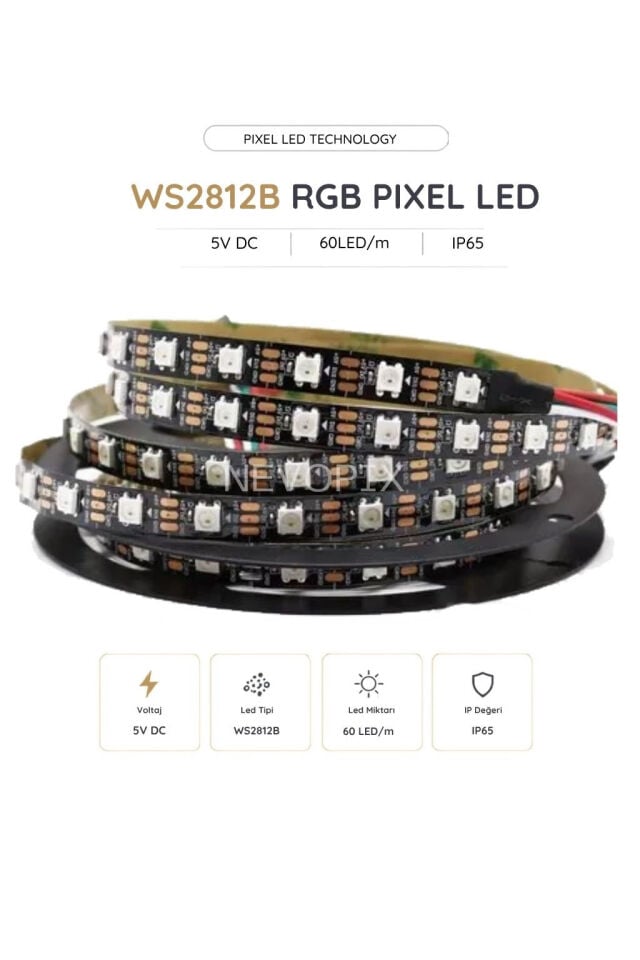 5V WS2812B IP65 60 LED/m RGB Pixel Şerit LED 5 Metre