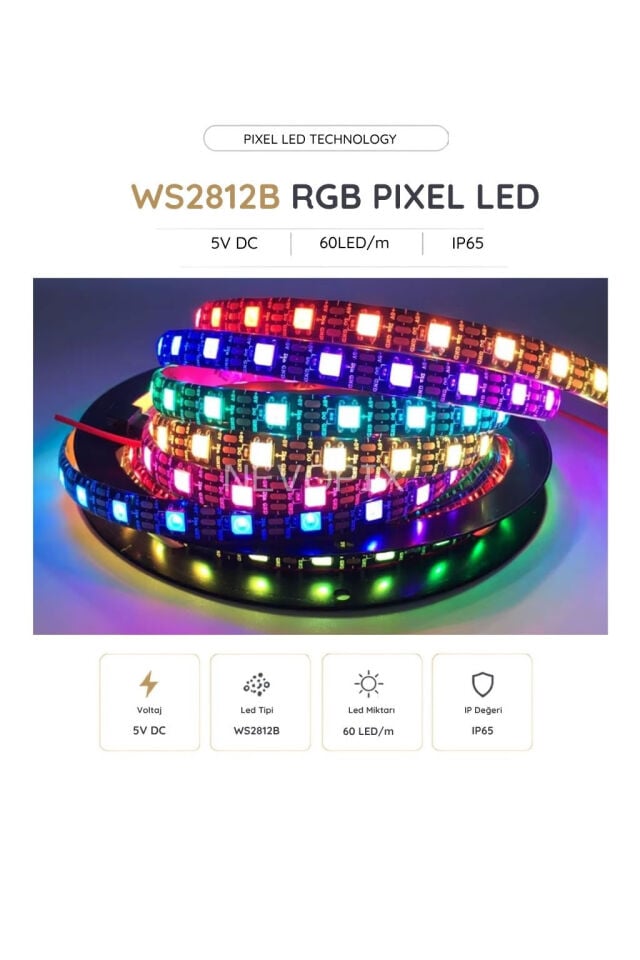 5V WS2812B IP65 60 LED/m RGB Pixel Şerit LED 5 Metre
