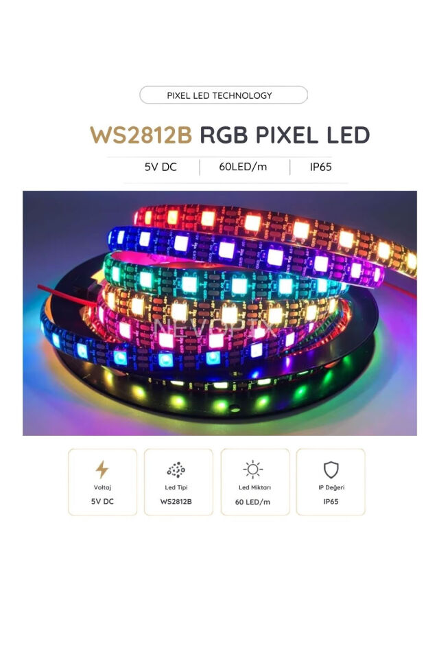 5 Volt WS2812B IP65 60 LED/m RGB Pixel Şerit LED 5 Metre