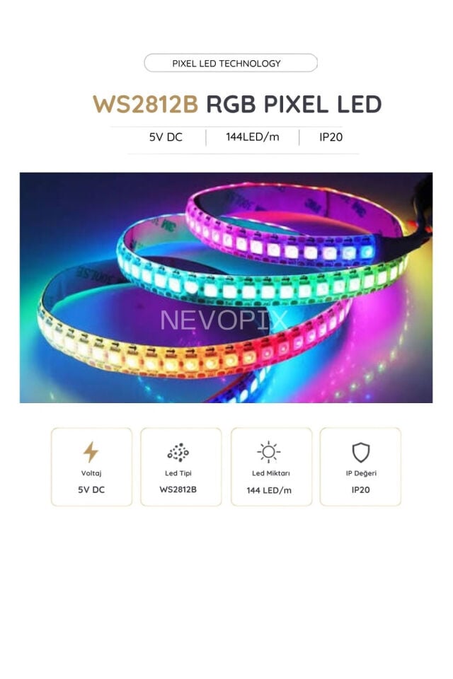 5V WS2812B IP20 144 LED/m RGB Pixel Şerit LED 5 Metre