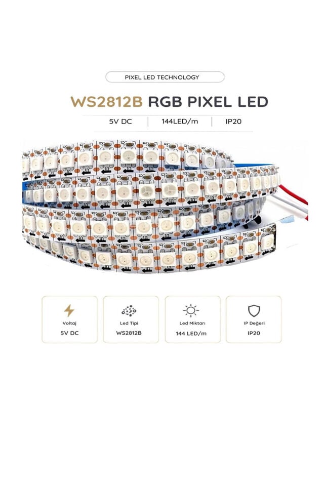 5V WS2812B IP20 144 LED/m RGB Pixel Şerit LED 5 Metre