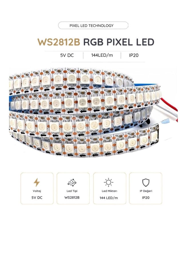 5V WS2812B IP20 144 LED/m RGB Pixel Şerit LED 5 Metre