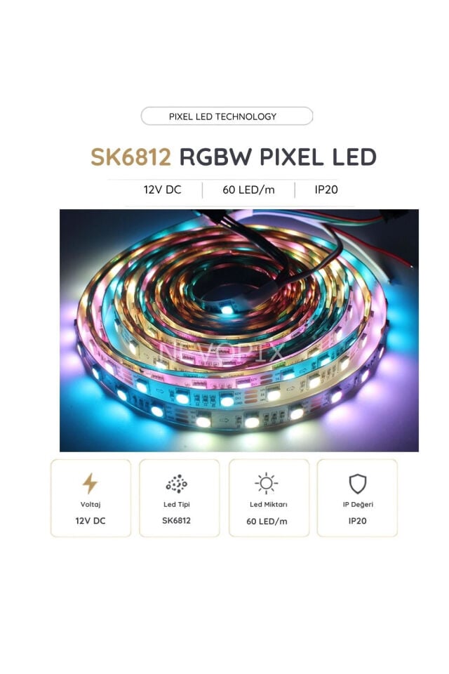 12V SK6812 60 LED/m IP20 RGBW Pixel Şerit LED 5 Metre