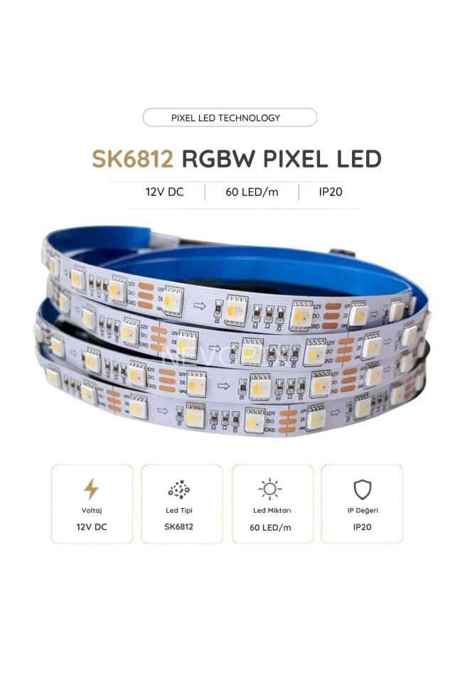 12V SK6812 60 LED/m IP20 RGBW Pixel Şerit LED 5 Metre
