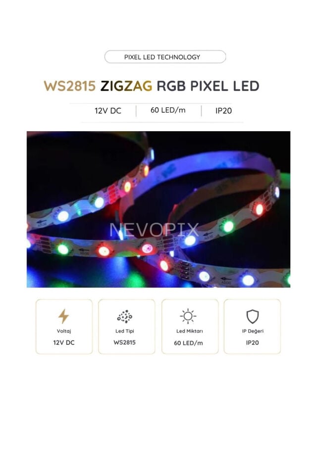 12 Volt WS2815B Zigzag RGB Pixel Şerit LED 60 LED/Mt. 5 Metre