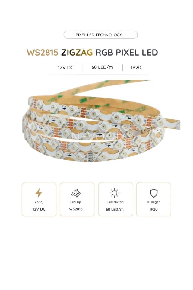 12 Volt WS2815B Zigzag RGB Pixel Şerit LED 60 LED/Mt. 5 Metre