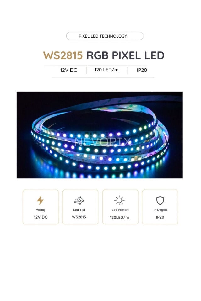 12 Volt WS2815B RGB Pixel Şerit LED 120 LED/Mt. 5 Metre
