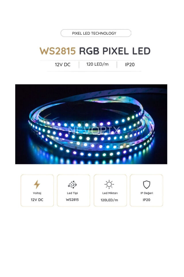 12 Volt WS2815B RGB Pixel Şerit LED 120 LED/Mt. 5 Metre