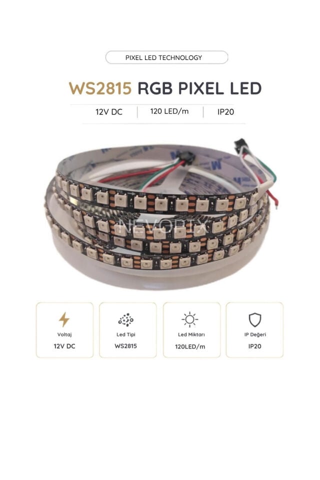 12 Volt WS2815B RGB Pixel Şerit LED 120 LED/Mt. 5 Metre
