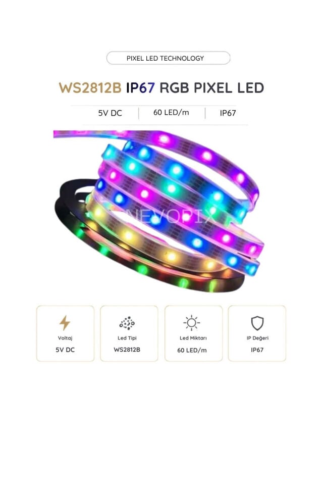 5 Volt WS2812B IP67 RGB Pixel Şerit LED 60 LED/Mt. 5 Metre