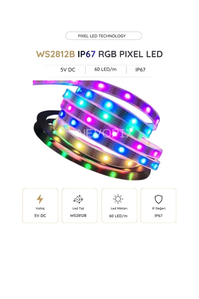 5 Volt WS2812B IP67 RGB Pixel Şerit LED 60 LED/Mt. 5 Metre