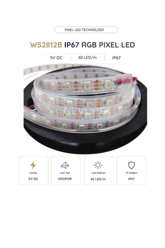 5 Volt WS2812B IP67 RGB Pixel Şerit LED 60 LED/Mt. 5 Metre