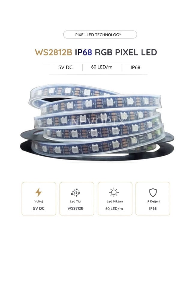 5 Volt WS2812B IP68 RGB Pixel Şerit LED 60 LED/Mt. 5 Metre