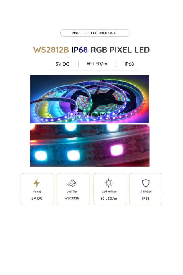 5 Volt WS2812B IP68 RGB Pixel Şerit LED 60 LED/Mt. 5 Metre