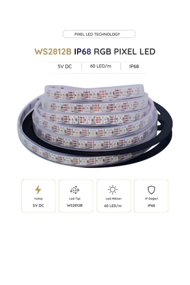 5 Volt WS2812B IP68 RGB Pixel Şerit LED 60 LED/Mt. 5 Metre