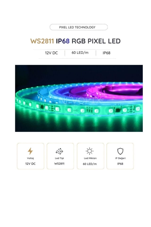 12 Volt WS2811 60 LED/m IP68 RGB Pixel Şerit LED 5 Metre
