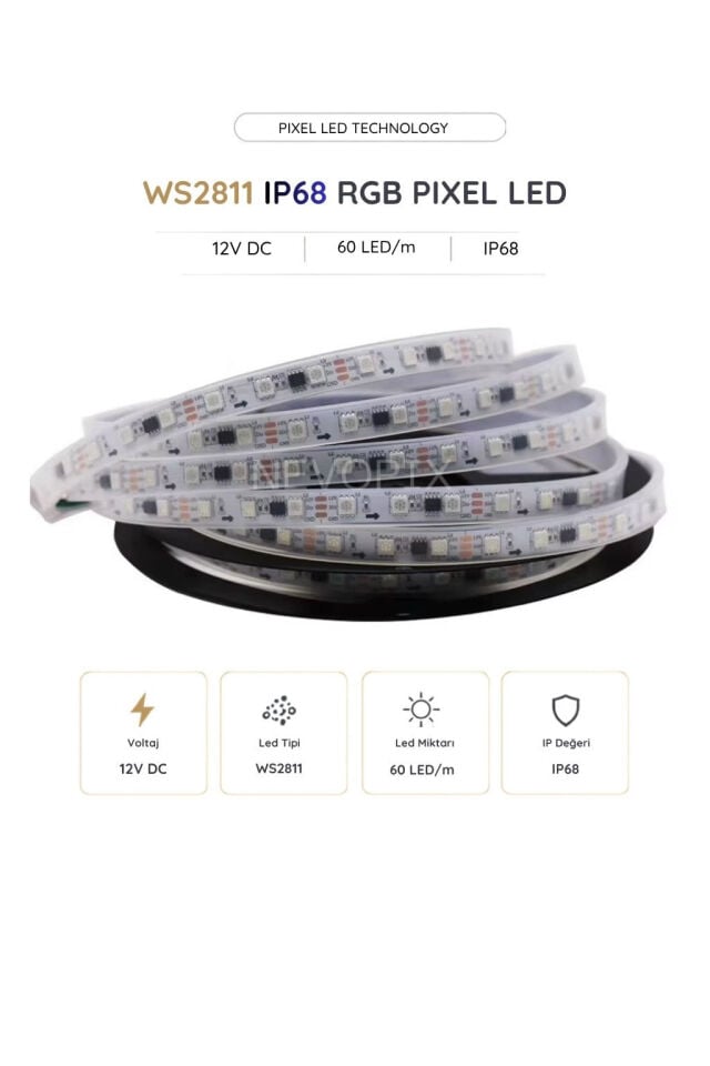 12 Volt WS2811 60 LED/m IP68 RGB Pixel Şerit LED 5 Metre